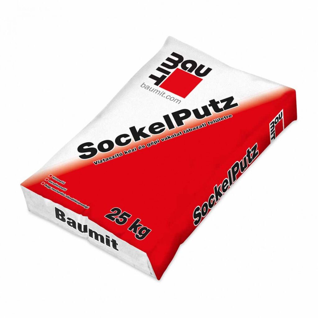 A Baumit SockelPutz olyan gyári szárazhabarcs, amelynél az alapanyagok arányát már a gyártás során beállítják. A helyszínen tiszta vízzel kell bekeverni, így kiszámíthatóbb, egyenletesebb minőségű habarcs készíthető, mint változó arányban adagolt hagyományos homok-cement keverékkel. Cementes kötőanyaga robusztus, tömör felület kialakítását támogatja.